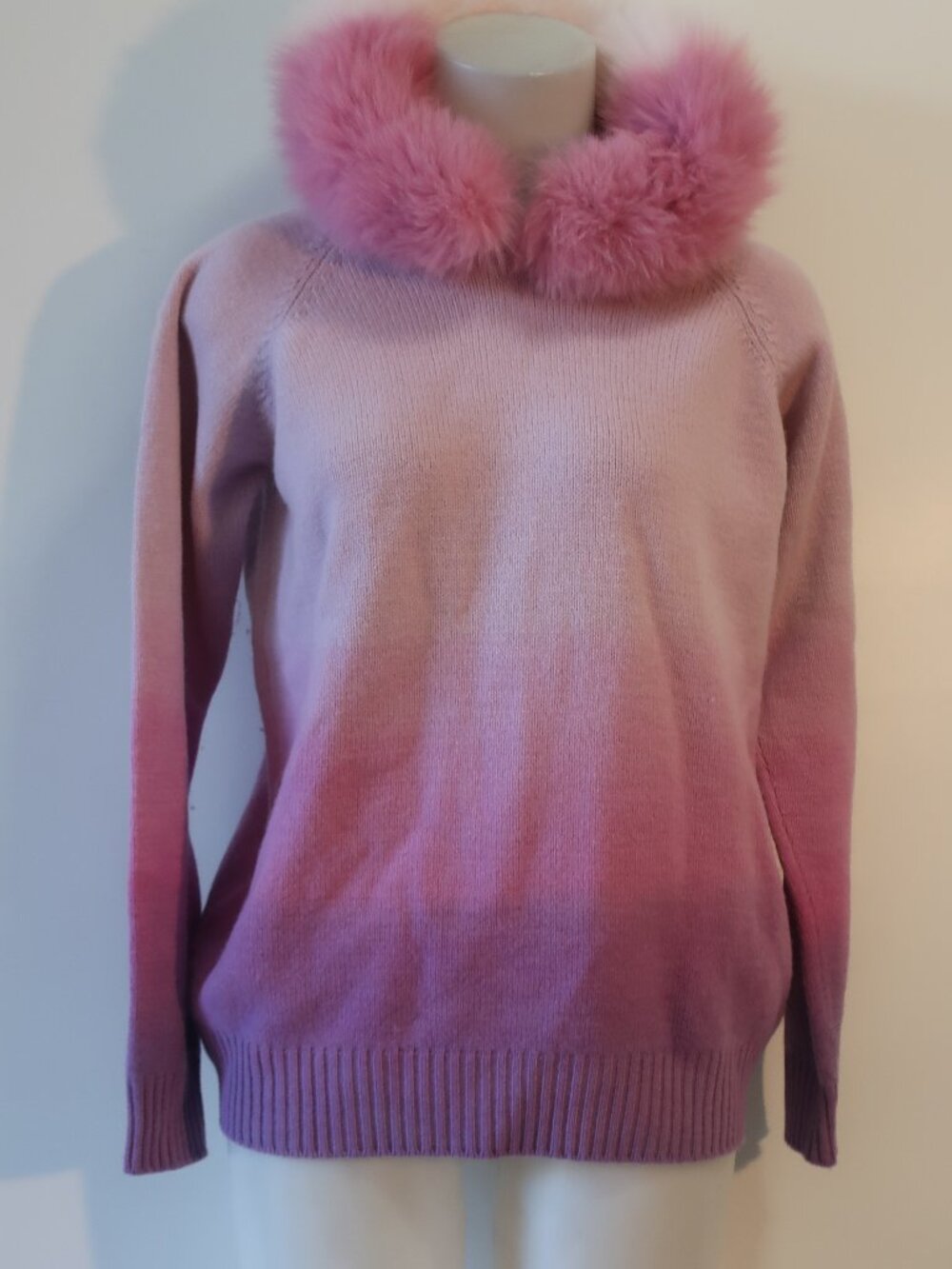 Women Regina Purple Pink (Item-359) Wool Cashmere Fur Hood Trim Ombre Sweater XL